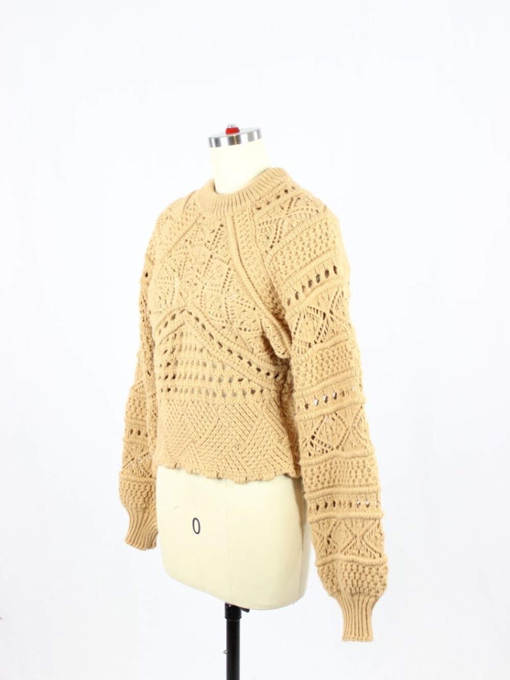 ZARA Tan Acrylic Wool Crochet Pointelle Knit Puff Sleeve Sweater, Size M - Picture 4 of 14